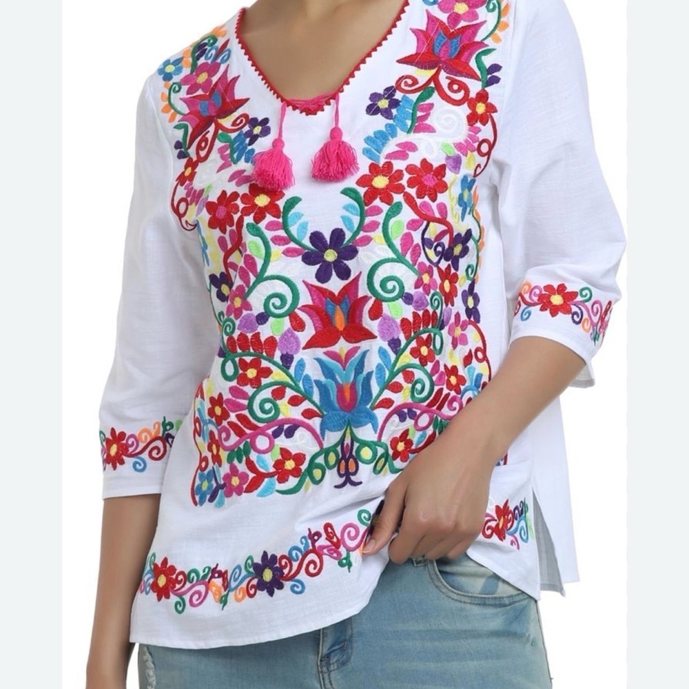 Colorful Embroidered White Blouse